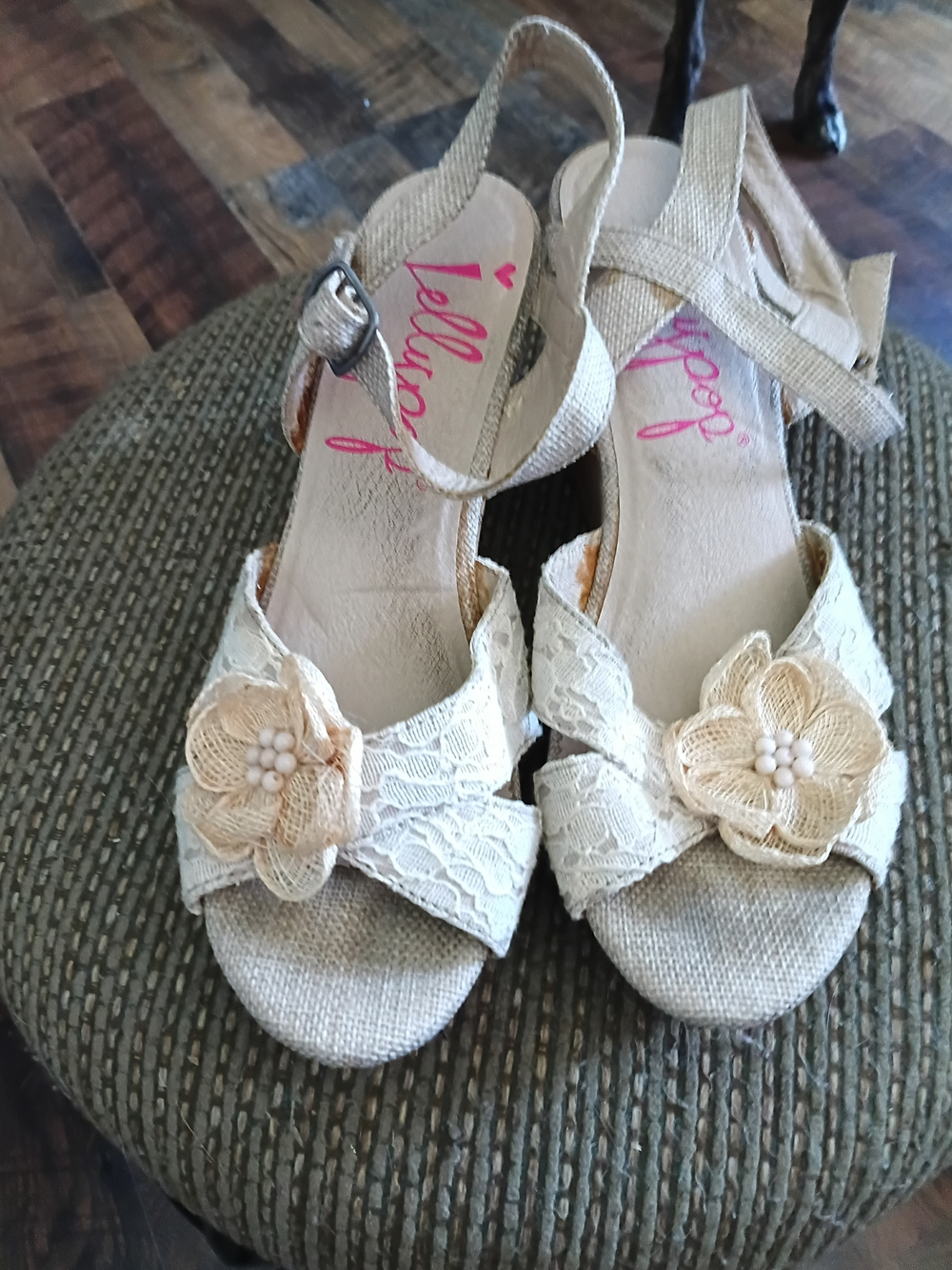 Jellypop Ivory Lace Wedge Sandals with Floral Accent